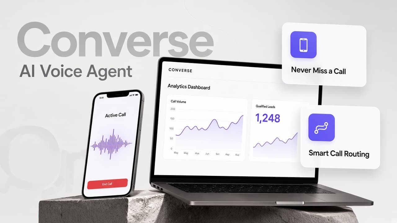 Converse product artwork showing laptop and phone mockups of the AI voice platform