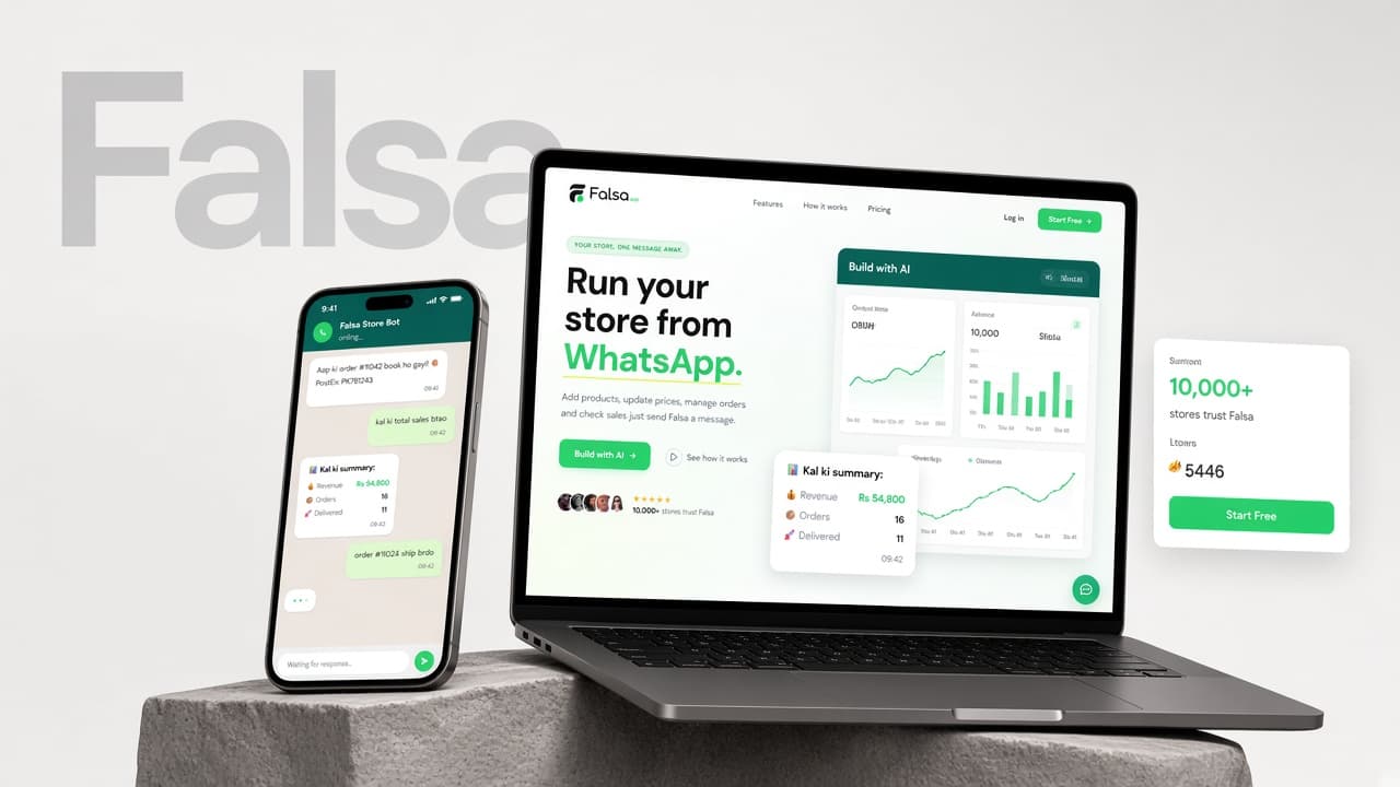 Falsa product artwork showing laptop and phone mockups of the messaging commerce experience