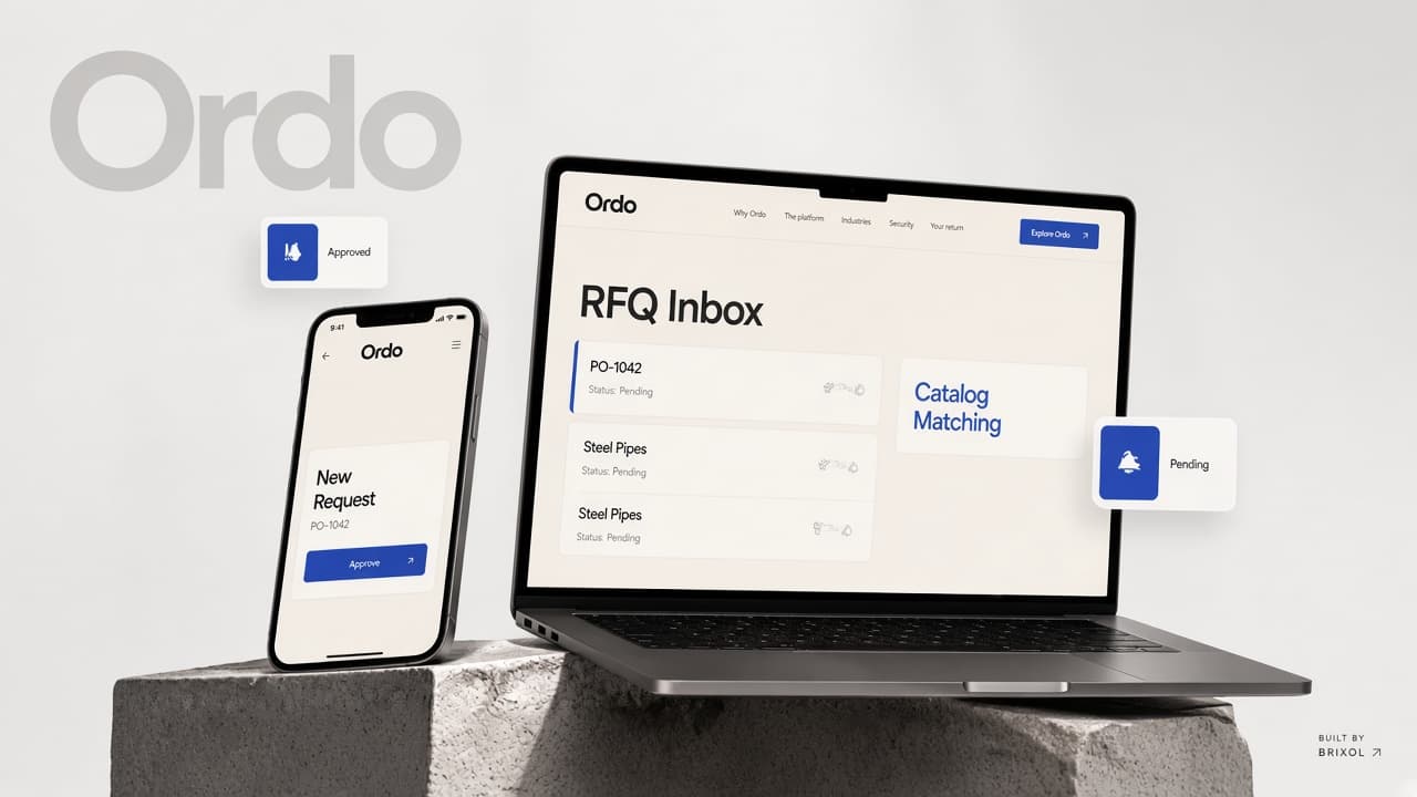 Ordo product artwork showing laptop and phone mockups of the RFQ workspace