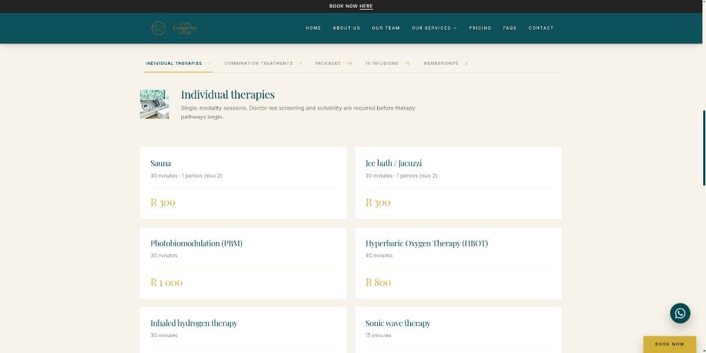 Cape Longevity Clinic individual therapies pricing grid