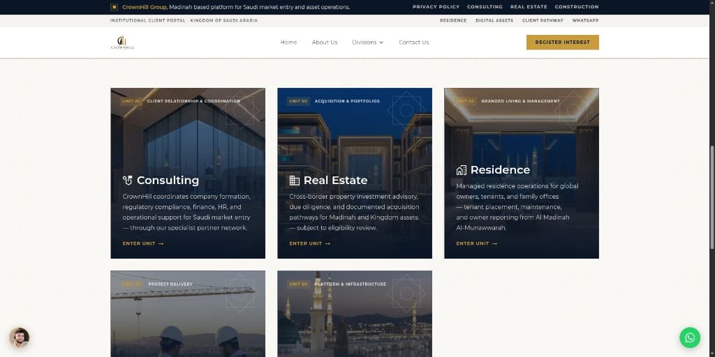 CrownHill Group divisions overview page